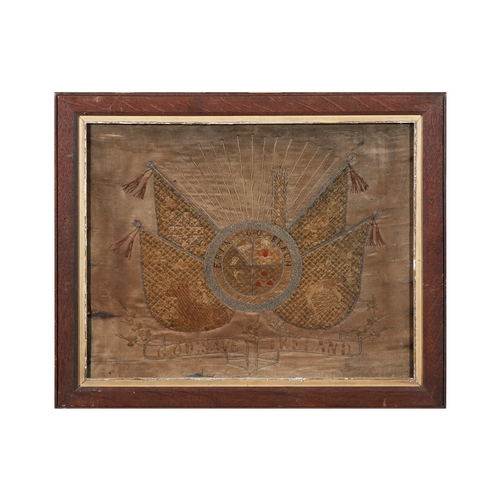 33 - AN EARLY 20TH CENTURY EMBROIDERED PANEL   inscribed 'Erin Go Bragh' against a memoir of flags and fo... 