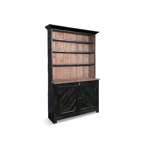 47 - A 19TH CENTURY PAINTED PINE DRESSER,  with moulded cornice above three shelves, plain panel back abo... 