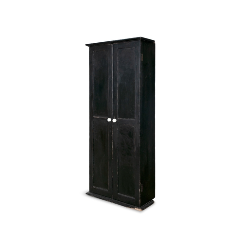 52 - A BLACK PAINTED PINE CUPBOARD,  with two twin panel doors, with turned white painted handles, concea... 