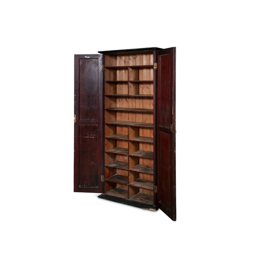 52 - A BLACK PAINTED PINE CUPBOARD,  with two twin panel doors, with turned white painted handles, concea... 