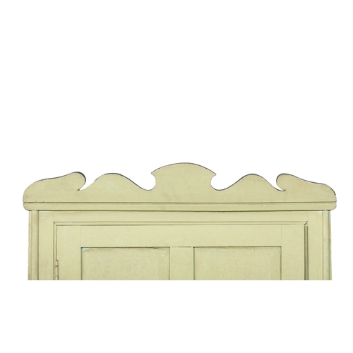 54 - A 19TH CENTURY PAINTED PINE NARROW ESTATE CABINET,  the shaped carved cornice above a two panel cupb... 