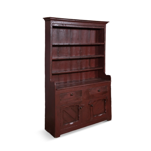 56 - A 19TH CENTURY PAINTED PINE DRESSER,  the moulded top above three open shelves with shaped side pane... 