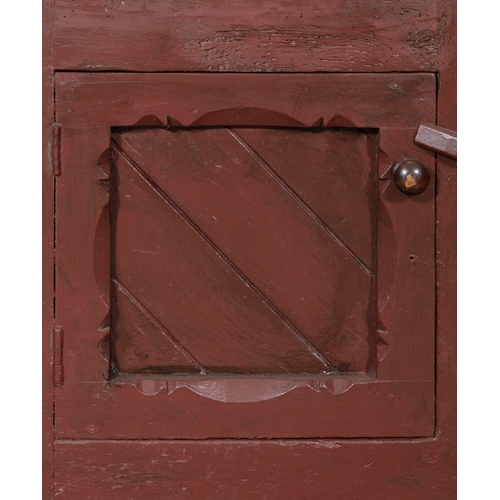 56 - A 19TH CENTURY PAINTED PINE DRESSER,  the moulded top above three open shelves with shaped side pane... 