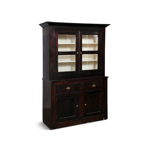 57 - A 19TH CENTURY PINE CUPBOARD,  the moulded cornice and twin glazed panel doors with painted interior... 