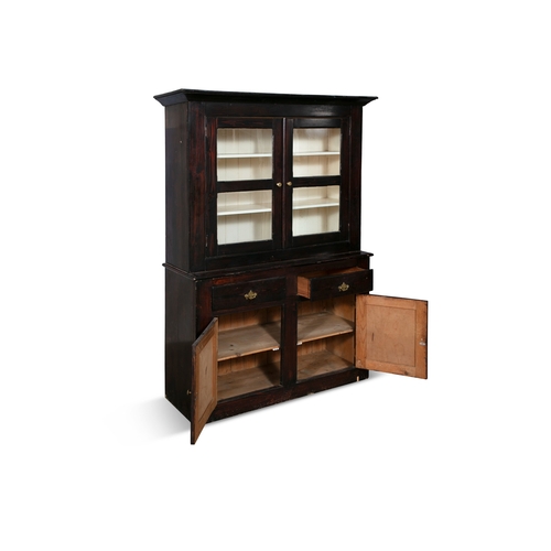 57 - A 19TH CENTURY PINE CUPBOARD,  the moulded cornice and twin glazed panel doors with painted interior... 