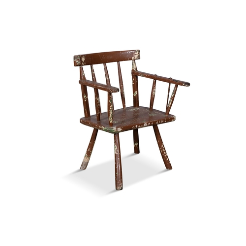 64 - A PAINTED TIMBER HEDGE CHAIR  the carved rail back with inscribed initials on spindles with plain ar... 