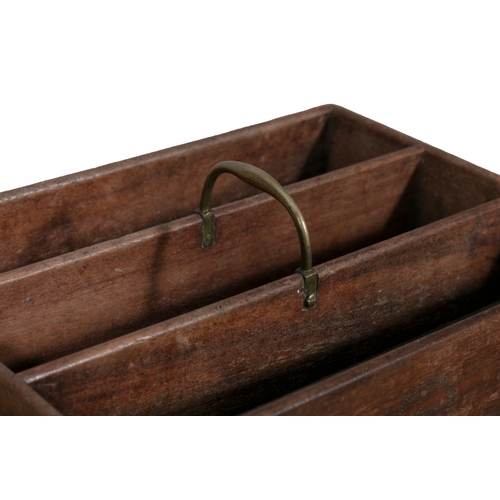 68 - AN OAK CUTLERY TRAY,  with four compartments and a brass carrying handle. 9.5cm high, 43cm wide, 31.... 