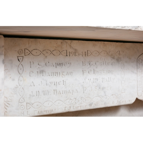 73 - A WHITE MARBLE FIREPLACE  186 cm high, 131cm wide     This carved and antique graffitied fireplace s... 