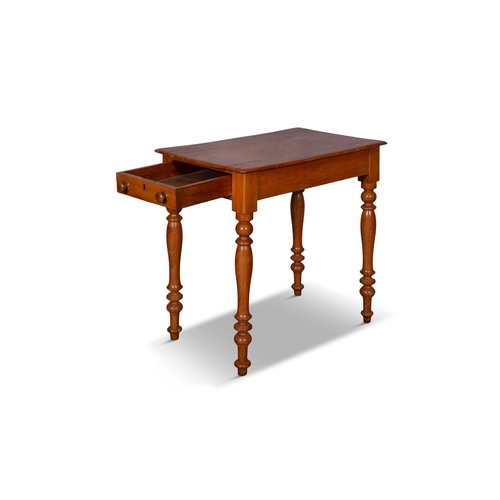 76 - A 19TH CENTURY STAINED ELM SIDE TABLE,  of rectangular form with single frieze drawer raised on turn... 