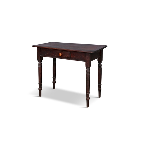 78 - A STAINED RECTANGULAR SIDE TABLE,  the single frieze drawer with turned handle raised on slender tur... 