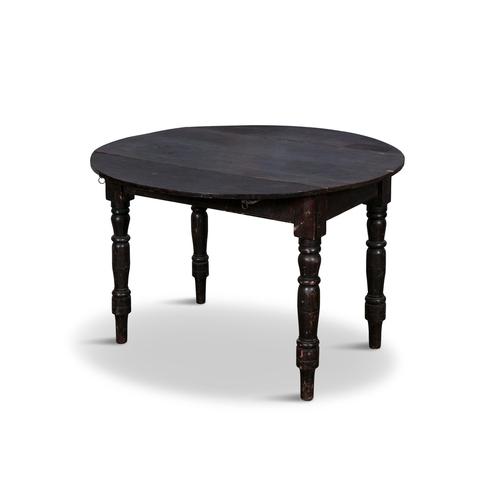 79 - A BLACK PAINTED PINE OVAL DROP LEAF TABLE,  plain frieze raised on turned baluster legs. 75cm high, ... 