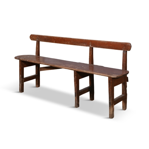 82 - A COMPACT PAINTED PINE LONG RECTANGULAR BENCH  with plain slat back and seat on three paired legs wi... 