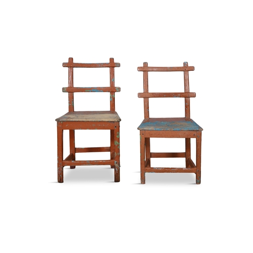 88 - A PAIR OF PAINTED PINE CHAIRS  with twin rail backs panel seats and square chamfered legs with stret... 