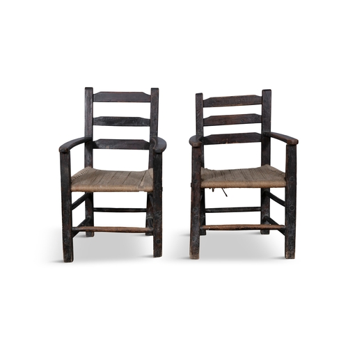 94 - A PAINTED BLACK SUGAN CHAIRS  with ladder back and sugan seat on square supports with stretcher. 90c... 