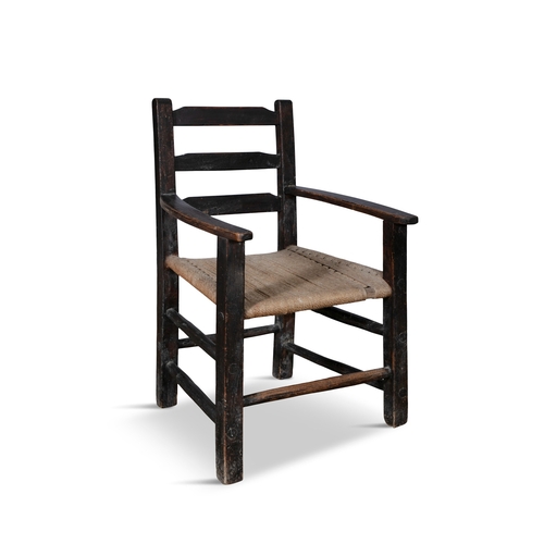 94 - A PAINTED BLACK SUGAN CHAIRS  with ladder back and sugan seat on square supports with stretcher. 90c... 