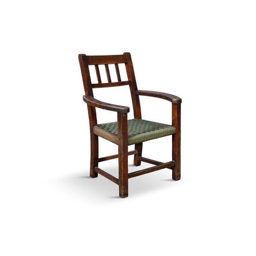 97 - A STAINED WOOD RAILBACK SUGAN CHAIR  with bowed arm supports, woven seat on square supports with str... 