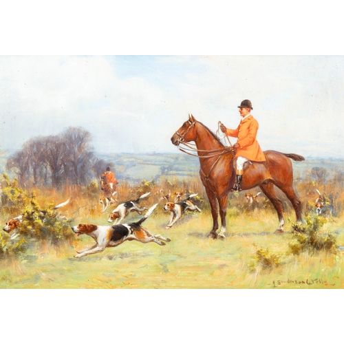 50 - JOHN SANDERSON WELLS R.I. (1872-1955) ‘Found’, a hunting scene Oil on panel 16 x 23.5 cm Signed lowe... 