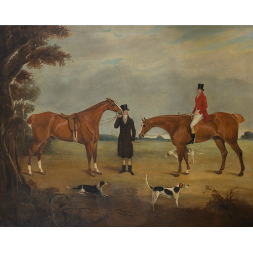 61 - ENGLISH SCHOOL, EARLY 19TH CENTURY A mounted huntsman and a hunter held by a gentleman with hounds i... 