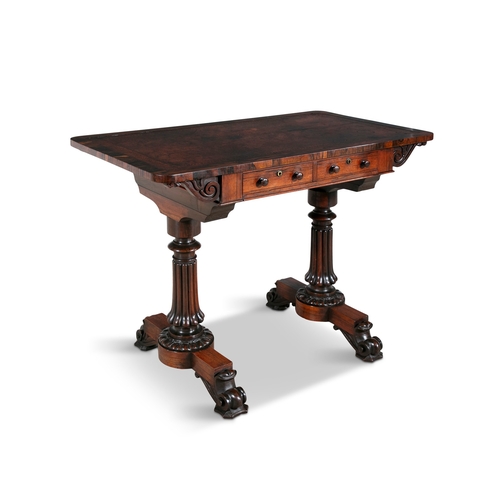 62 - A WILLIAM IV ROSEWOOD WRITING TABLE,  the rectangular crossbanded top inset with brown tooled leathe... 