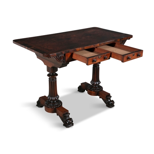 62 - A WILLIAM IV ROSEWOOD WRITING TABLE,  the rectangular crossbanded top inset with brown tooled leathe... 