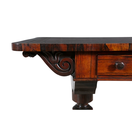 62 - A WILLIAM IV ROSEWOOD WRITING TABLE,  the rectangular crossbanded top inset with brown tooled leathe... 