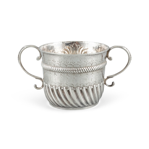 72 - A QUEEN ANNE SILVER TWO-HANDLED PORRINGER,  London 1703, mark possibly that of John Cowsey, of circu... 