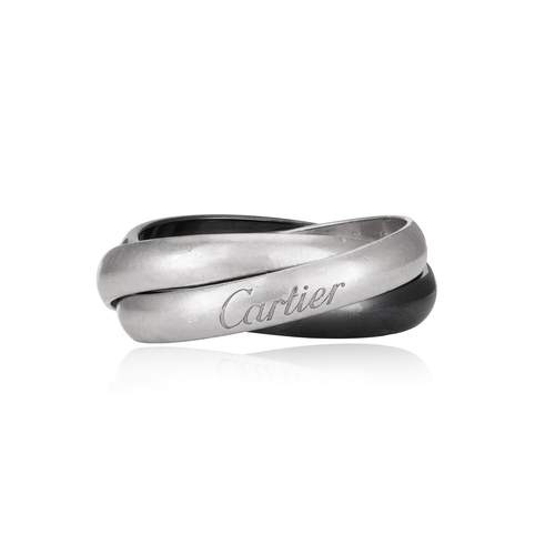 10 - A TRINITY RING, BY CARTIER, CIRCA 2015  Designed as three interlocking bands, two polished white gol... 