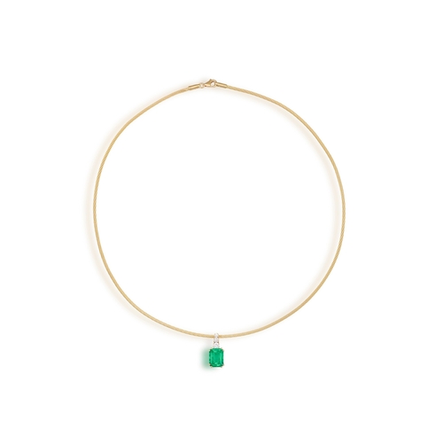 108 - AN EMERALD AND DIAMOND PENDANT NECKLACE  The rectangular cut-cornered emerald weighing approximately... 