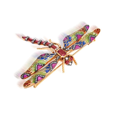 110 - A GEM-SET, DIAMOND AND ENAMEL BROOCH  Designed as a dragonfly, its wings mounted en tremblant, appli... 