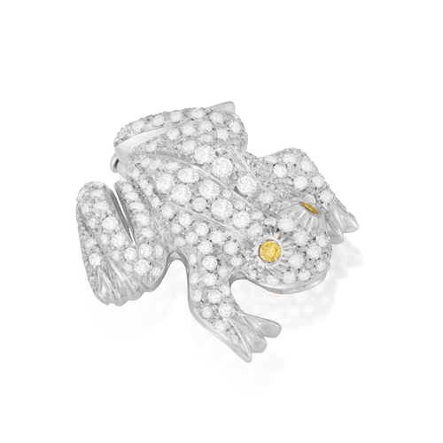 113 - A DIAMOND FROG BROOCH  The body pavé-set with brilliant-cut diamonds, the eyes set with brilliant-cu... 