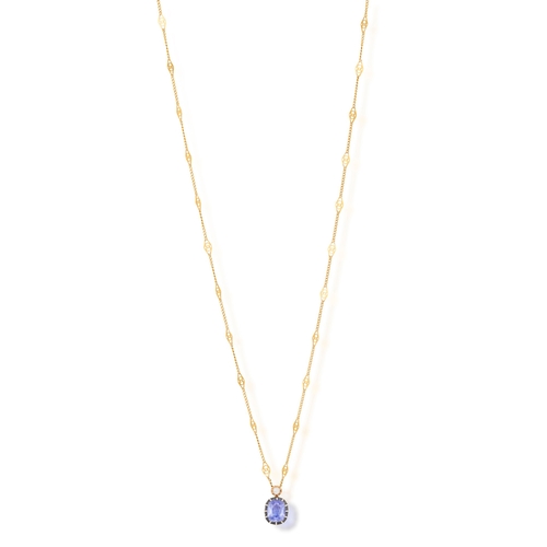 116 - A SAPPHIRE AND DIAMOND PENDANT ON CHAIN  The cushion-shaped sapphire weighing approximately 5.50cts ... 