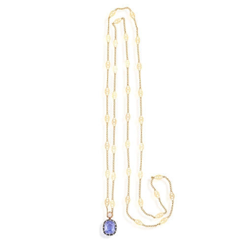 116 - A SAPPHIRE AND DIAMOND PENDANT ON CHAIN  The cushion-shaped sapphire weighing approximately 5.50cts ... 