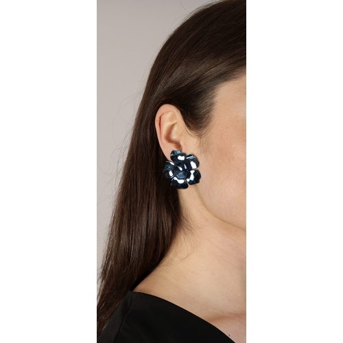 119 - A PAIR OF TITANIUM EARCLIPS, BY MARGHERITA BURGENER  Each designed as a blue titanium flowerhead, mo... 