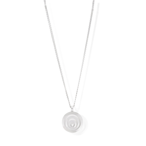 12 - A DIAMOND 'HAPPY SPIRIT' PENDANT ON CHAIN, BY CHOPARD  The circular glazed pendant enclosing two flo... 