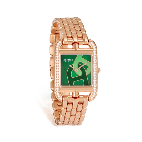 125 - AN 18K GOLD AND GEM-SET 'CAPE COD' BRACELET WATCH, BY HERMÈS  Of quartz movement, the square green n... 