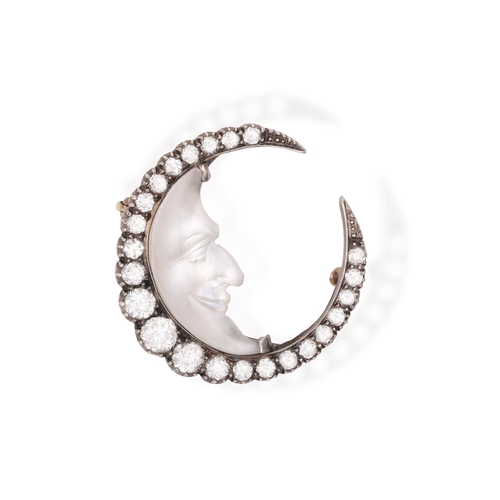 16 - A 19TH CENTURY MOONSTONE AND DIAMOND BROOCH, CIRCA 1880  Designed as a crescent moon, set with gradu... 