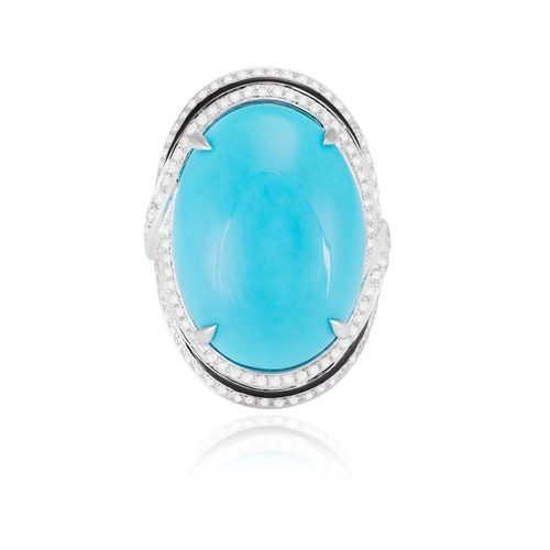 166 - A TURQUOISE, ENAMEL AND DIAMOND DRESS RING  The oval-shaped turquoise cabochon within a frame pavé-s... 