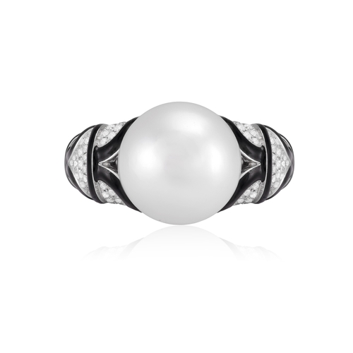 168 - A CULTURED PEARL, ENAMEL AND DIAMOND DRESS RING  Centring a cultured pearl of white tint measuring a... 