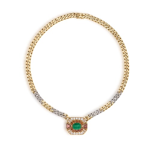 AN EMERALD AND DIAMOND NECKLACE Designed as an octagonal plaque ...