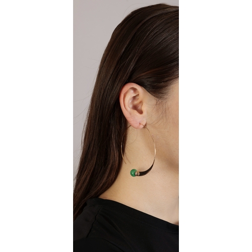 172 - A PAIR OF MALACHITE AND DIAMOND HOOP EARRINGS  Each hoop set with a malachite bead with brilliant-cu... 