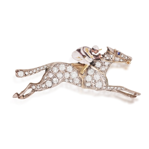 19 - A 19TH CENTURY ENAMEL AND DIAMOND BROOCH, CIRCA 1880  The horse in gallop with enamelled seated jock... 