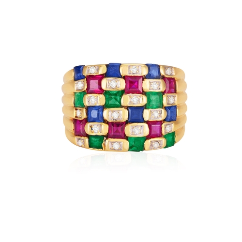 194 - A GEM-SET AND DIAMOND RING  The wide band set with square-shaped emeralds, sapphires and rubies and ... 