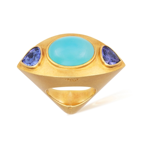 219 - A TURQUOISE AND TANZANITE COCKTAIL RING, BY GEORG SPRENG, 2001  The oval-shaped 13.46ct turquoise ca... 