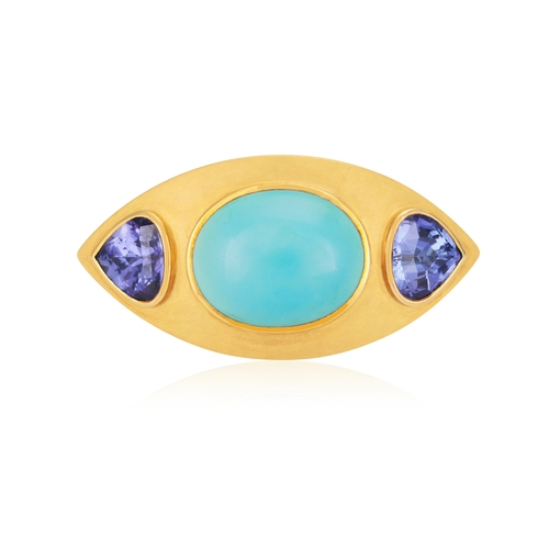 219 - A TURQUOISE AND TANZANITE COCKTAIL RING, BY GEORG SPRENG, 2001  The oval-shaped 13.46ct turquoise ca... 