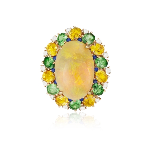 233 - AN OPAL, GEM-SET AND DIAMOND COCKTAIL RING  The central oval-shaped opal cabochon weighing approxima... 