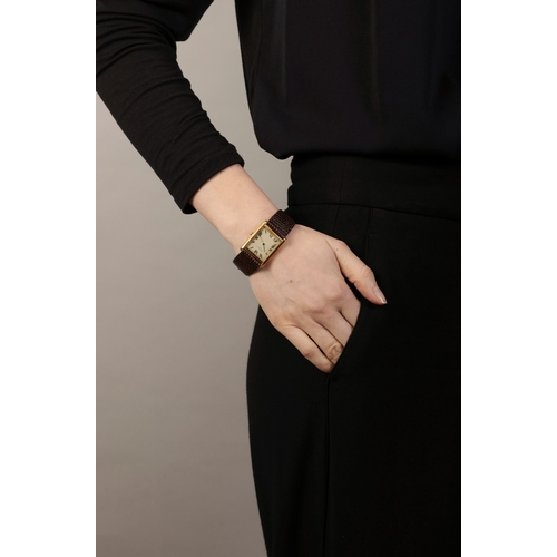 258 - AN 18K GOLD BRACELET WATCH, BY CHOPARD  17-jewels, manual wind, rectangular cream dial with black Ro... 