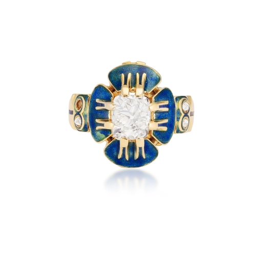 26 - A RARE ART NOUVEAU ENAMEL AND DIAMOND 'PANSY' RING, BY CHARLES RIVAUD, CIRCA 1900

The cushion-shape... 