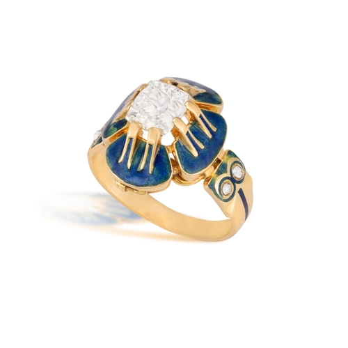 26 - A RARE ART NOUVEAU ENAMEL AND DIAMOND 'PANSY' RING, BY CHARLES RIVAUD, CIRCA 1900

The cushion-shape... 