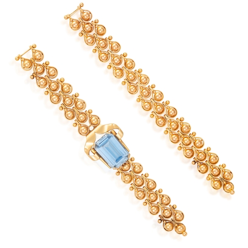 33 - TWO GOLD RETRO BRACELETS, CIRCA 1950  One set with a rectangular-shaped synthetic spinel, within a s... 