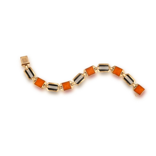 34 - A CORAL AND ENAMEL BRACELET, FRENCH, CIRCA 1950  Composed of alternating links, either set with a co... 